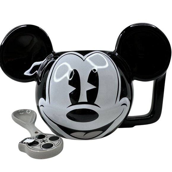 Vintage Disney Mickey Mouse Ceramic Mug W/ Spoon Black & White 3D Ears D Handle - Picture 2 of 16